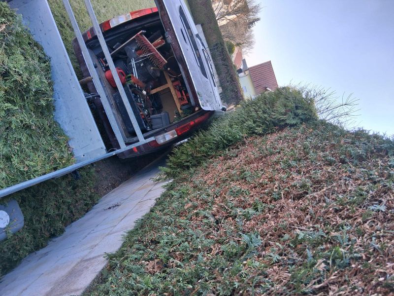 Heckenschnitt an einer Thuja-Hecke – Firmenfahrzeug mit Gartengeräten und Schnittgut
